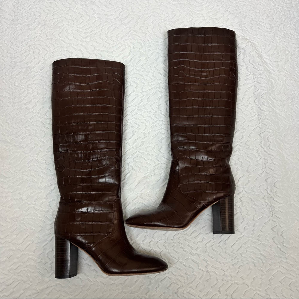 Loeffler Randall Goldy Croc Embossed Tall Boots Brown - Picture 2 of 14